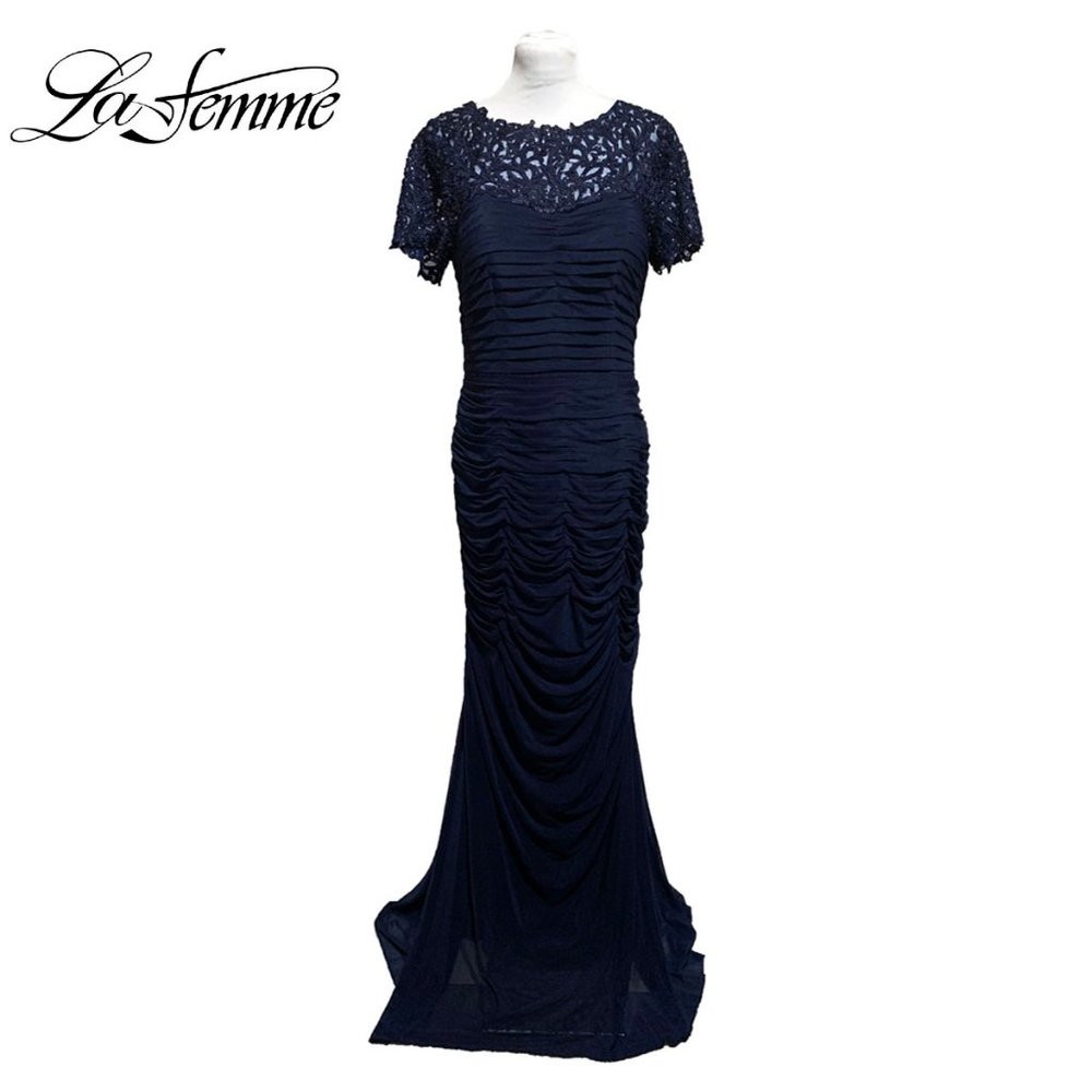 La Femme Mesh Ruched Evening Gown